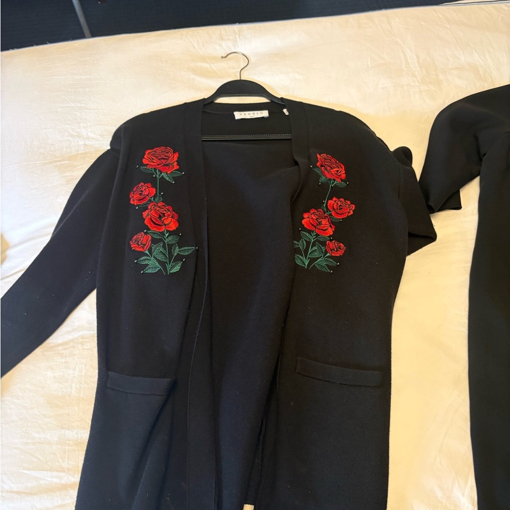 Black Open-Front Cardigan with Red Rose Embroidery